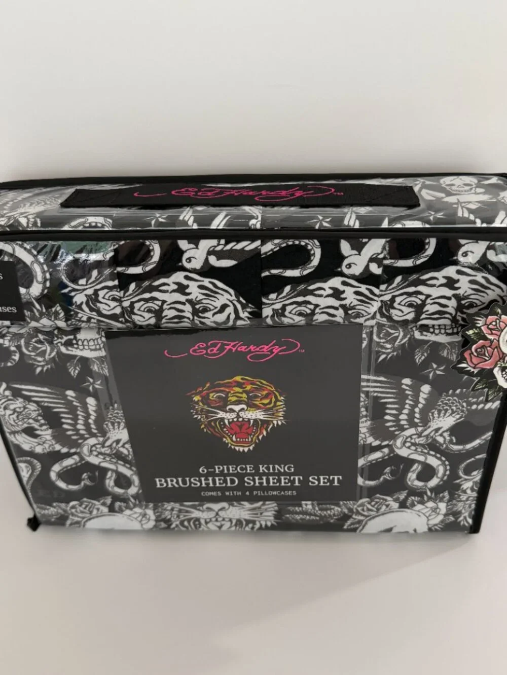 Ed Hardy King Sheet Set 6 Piece Double Brushed Black White Skull Tiger Tattoo